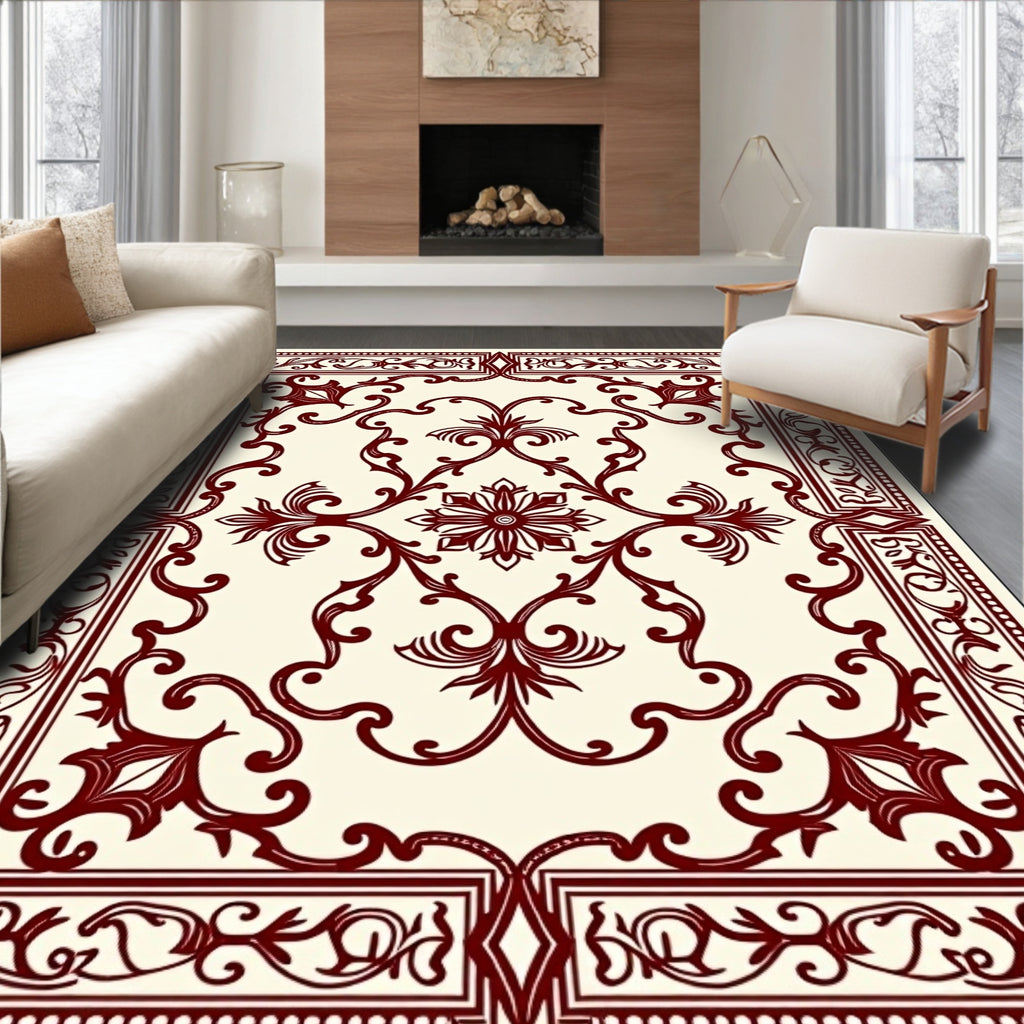 Deep Red Classical Scrollwork Inlay Rug