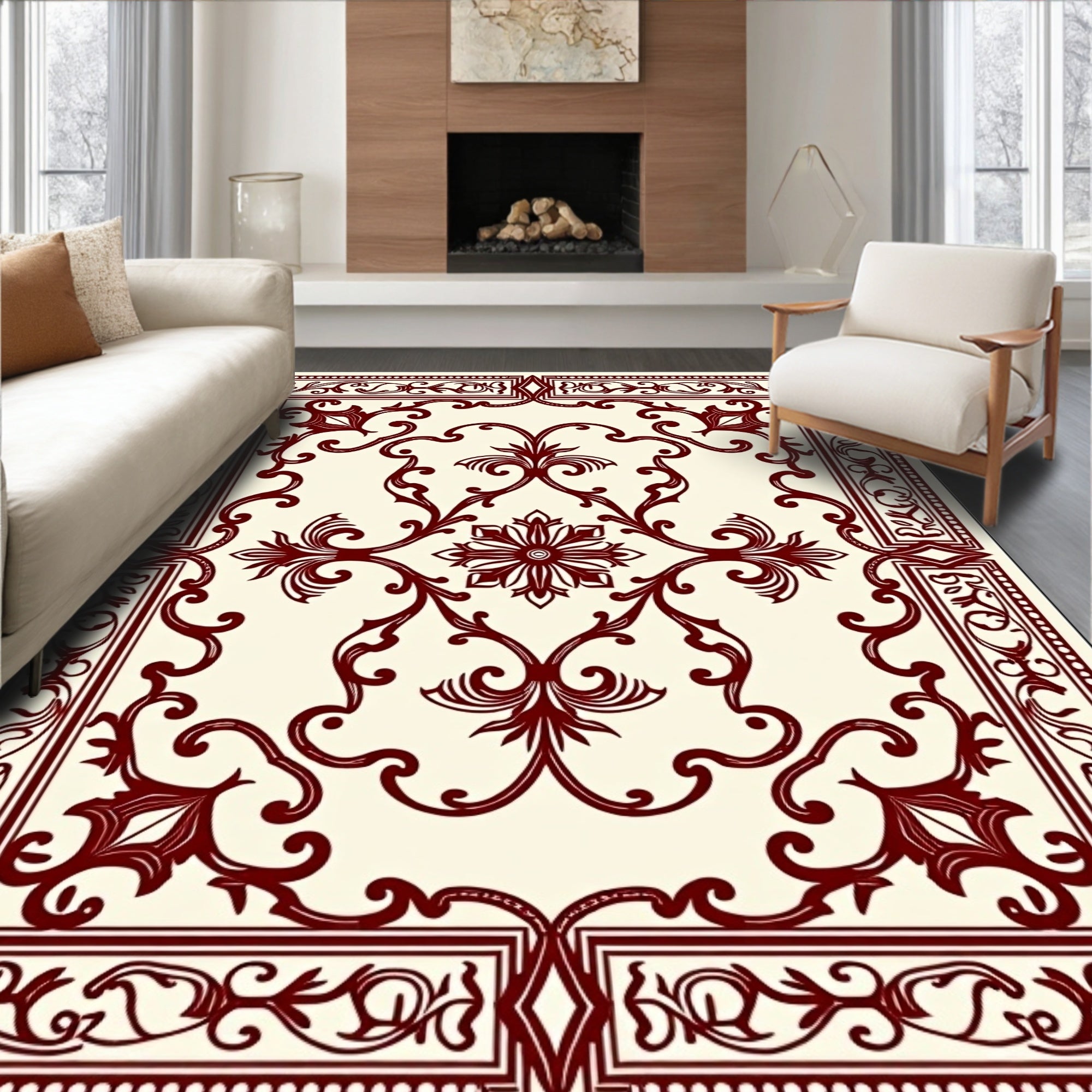 Deep Red Classical Scrollwork Inlay Rug