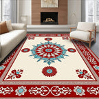 Red Blue Floral Medallion Border Rug