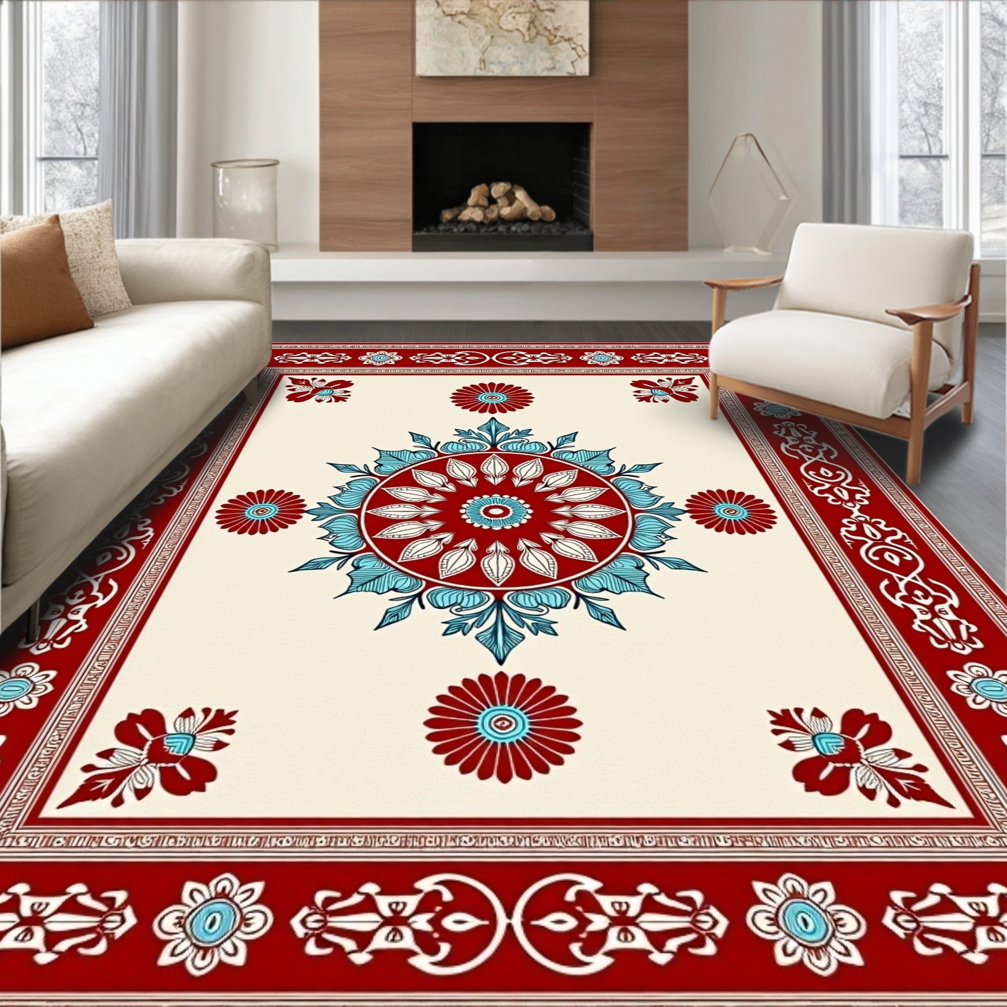 Red Blue Floral Medallion Border Rug