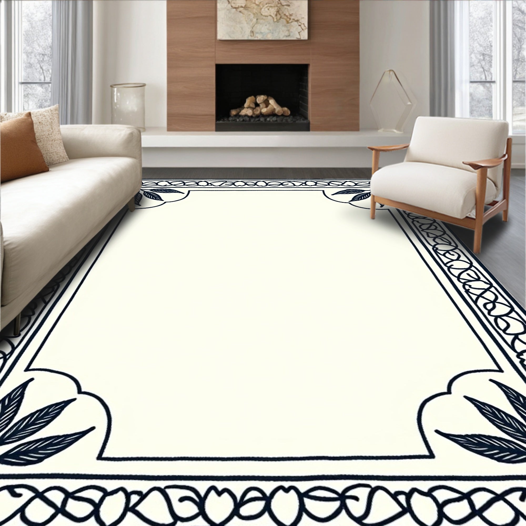 Classic Navy Bordered Botanical Frame Rug