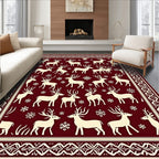 Crimson And Cream Reindeer Snowflakes Rug