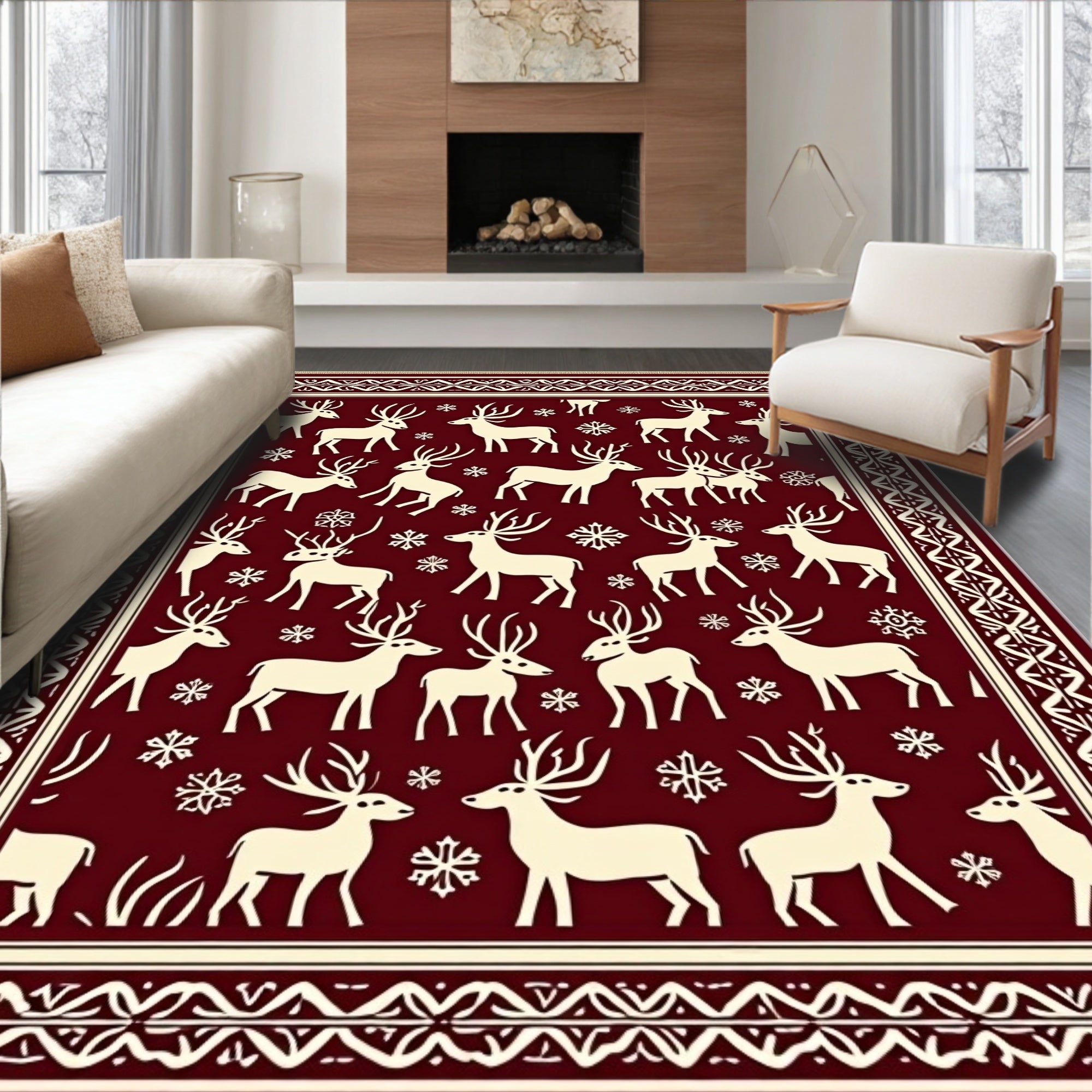 Crimson And Cream Reindeer Snowflakes Rug