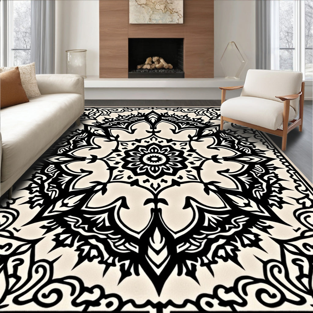 Black Cream Mandala Floral Medallion Rug