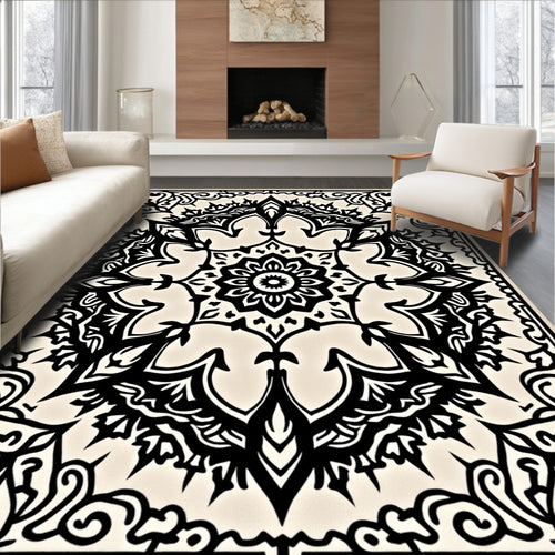 Black Cream Mandala Floral Medallion Rug