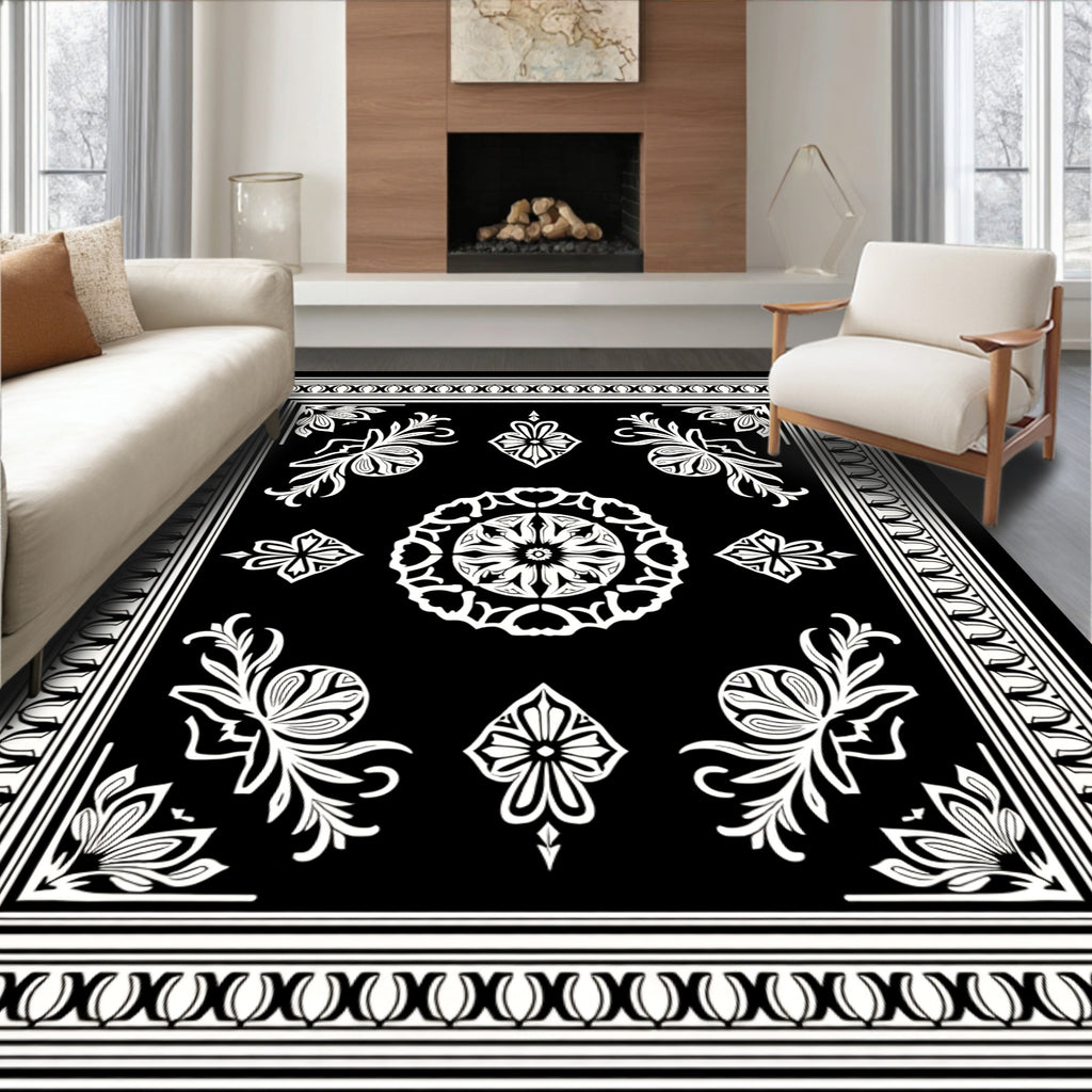 Ornate Black White Ornamental Scroll Rug