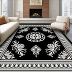 Ornate Black White Ornamental Scroll Rug