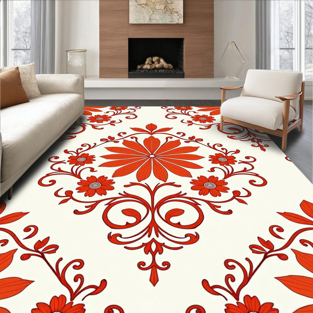 Crimson Floral Scroll Medallion Rug