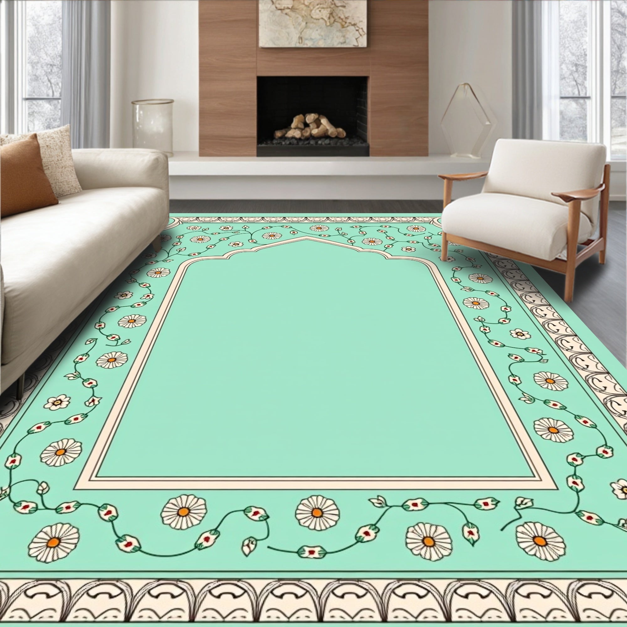 Pastel Mint Vine Floral Arch Frame Rug