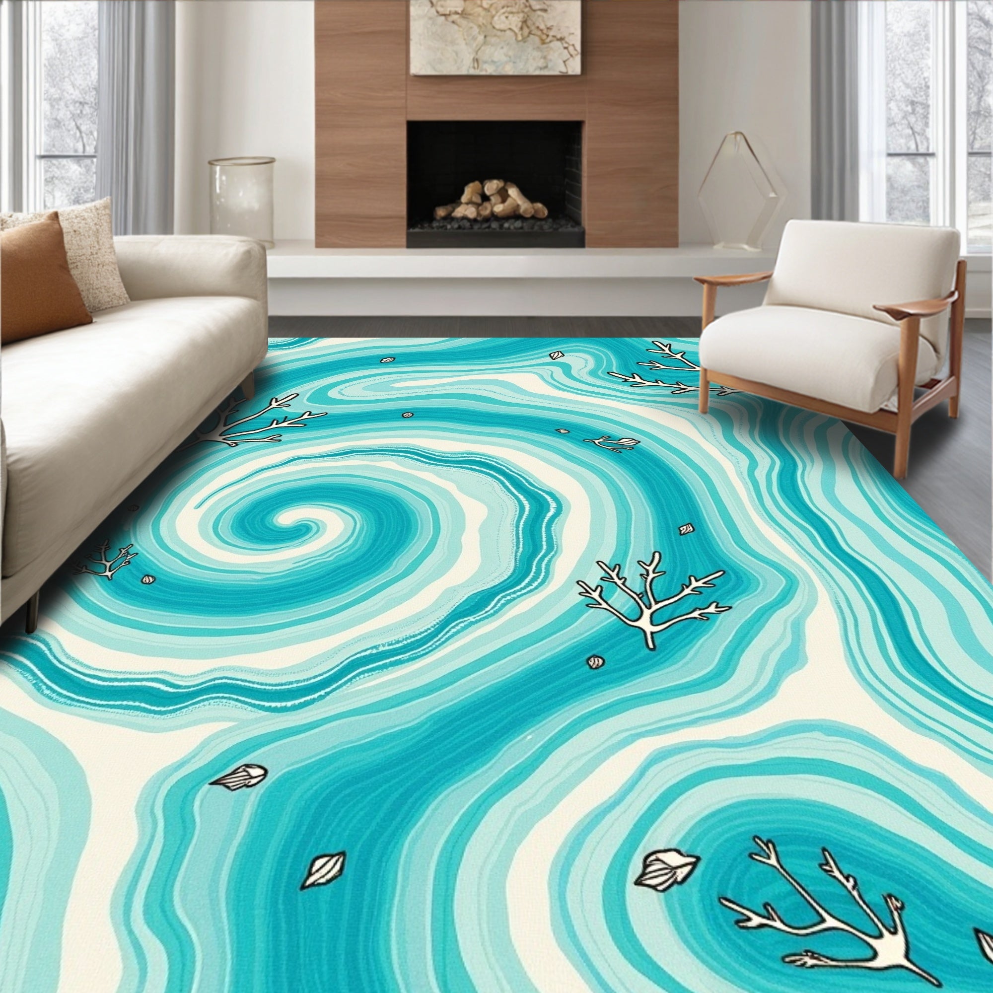 Oceanic Swirl Coral Branch Rug