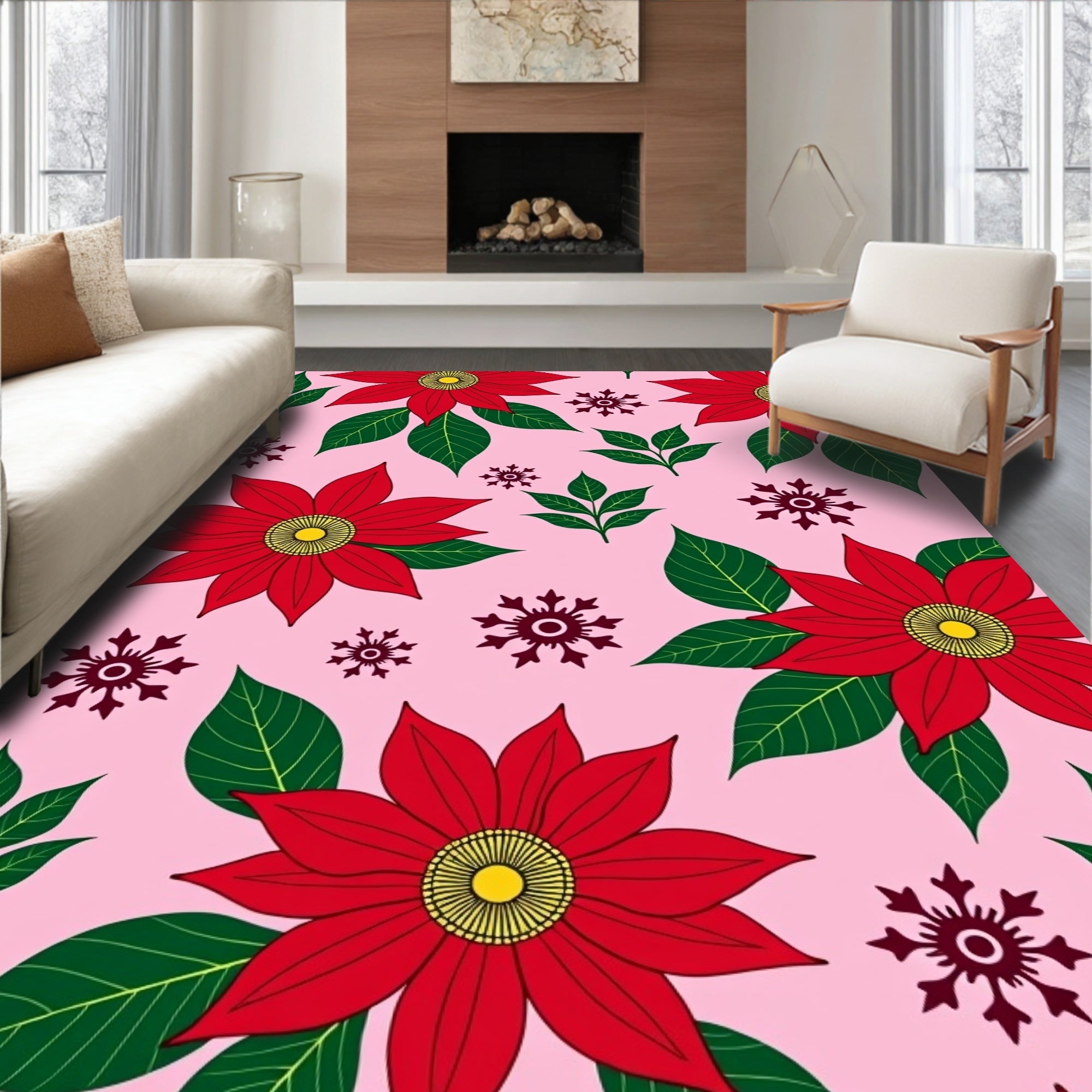 Festive Red Poinsettia Snowflake Blooms Rug
