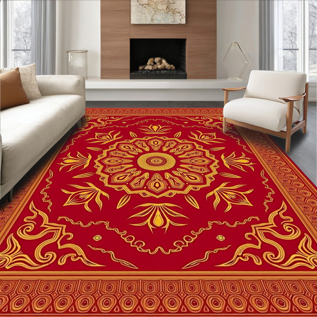 Crimson Golden Floral Medallion Rug