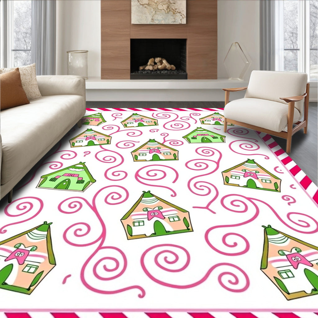 Playful Pink Green Whimsical Houses Rug