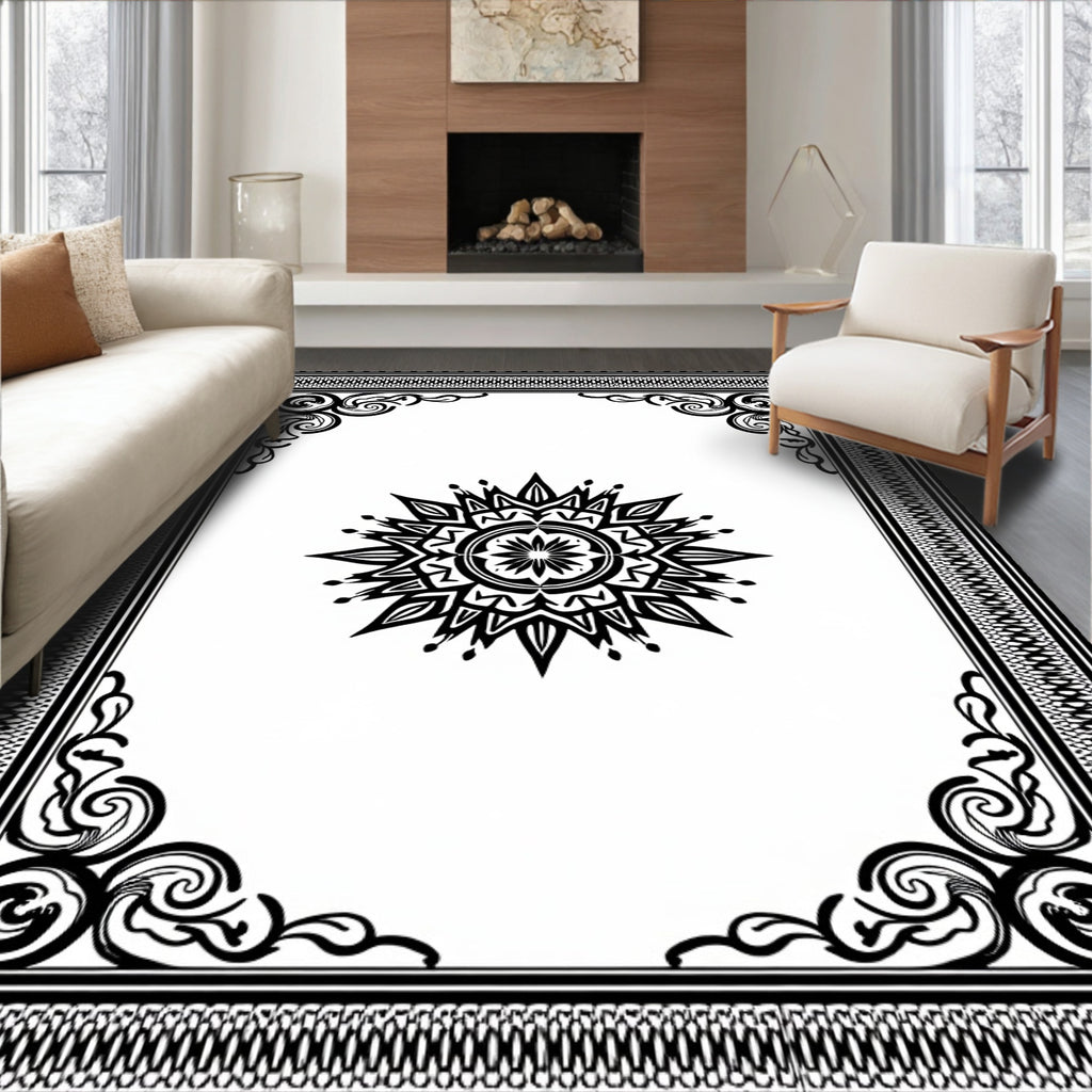 Ornate Black Sunburst Mandala Border Rug
