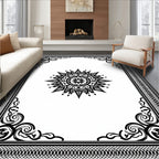 Ornate Black Sunburst Mandala Border Rug