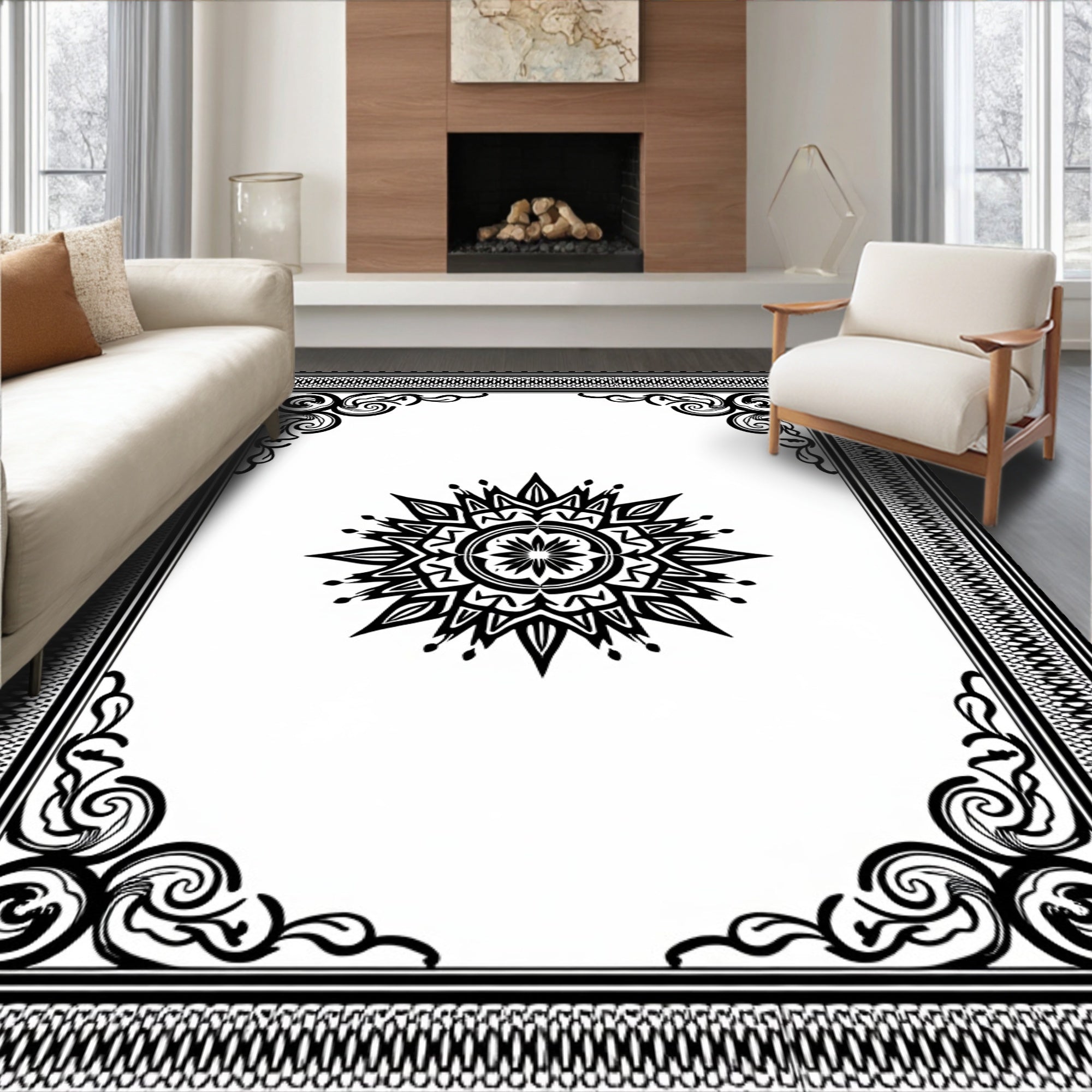 Ornate Black Sunburst Mandala Border Rug