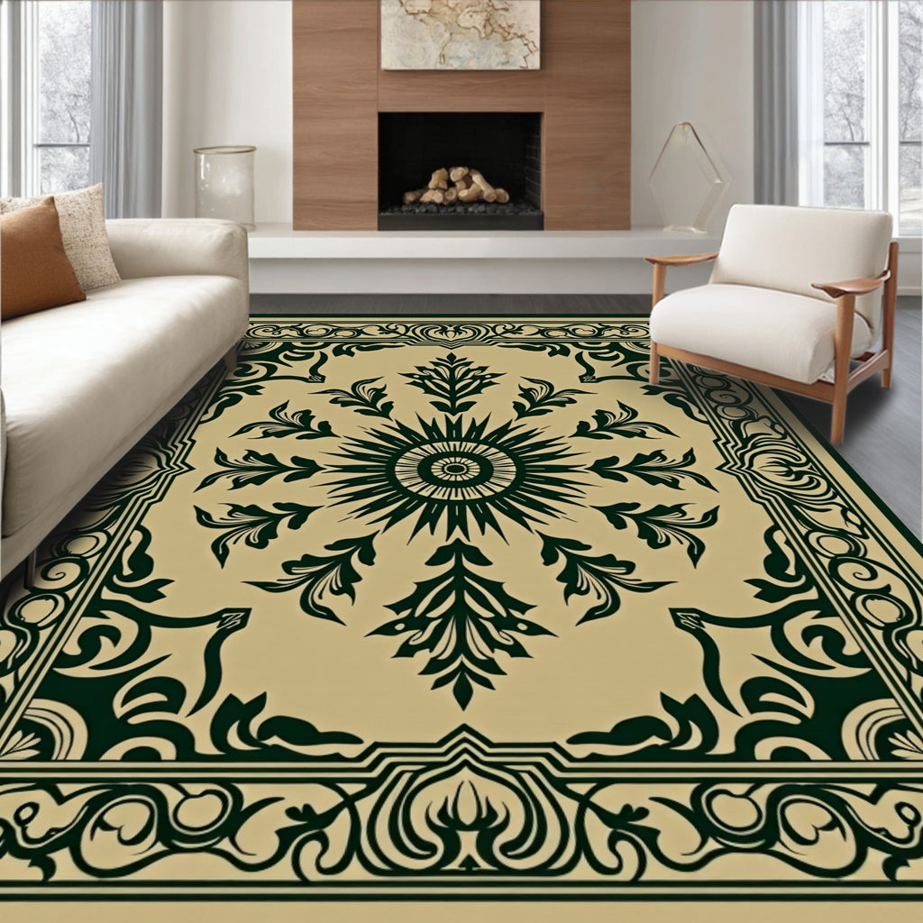 Dark Green Sunburst Floral Scroll Rug