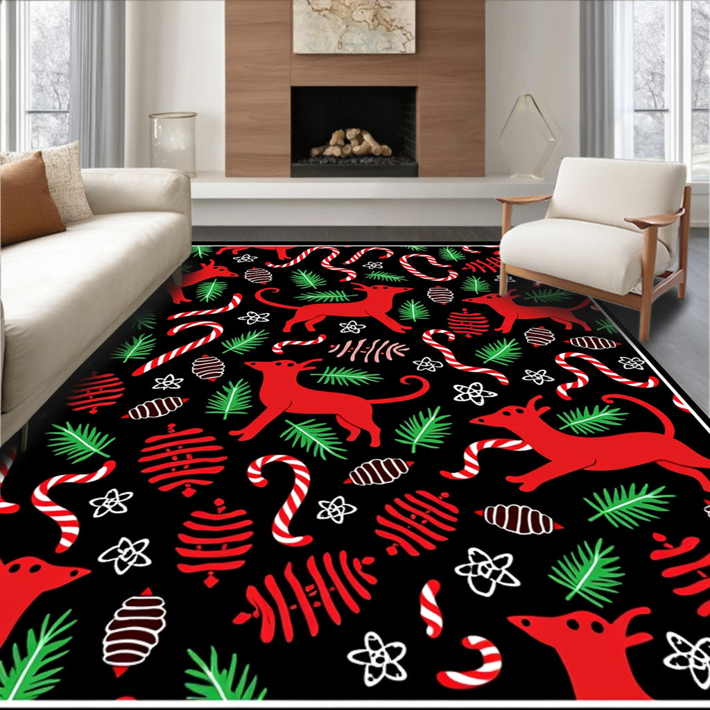 Red Dogs Festive Candy Cane Evergreen Branches Rug