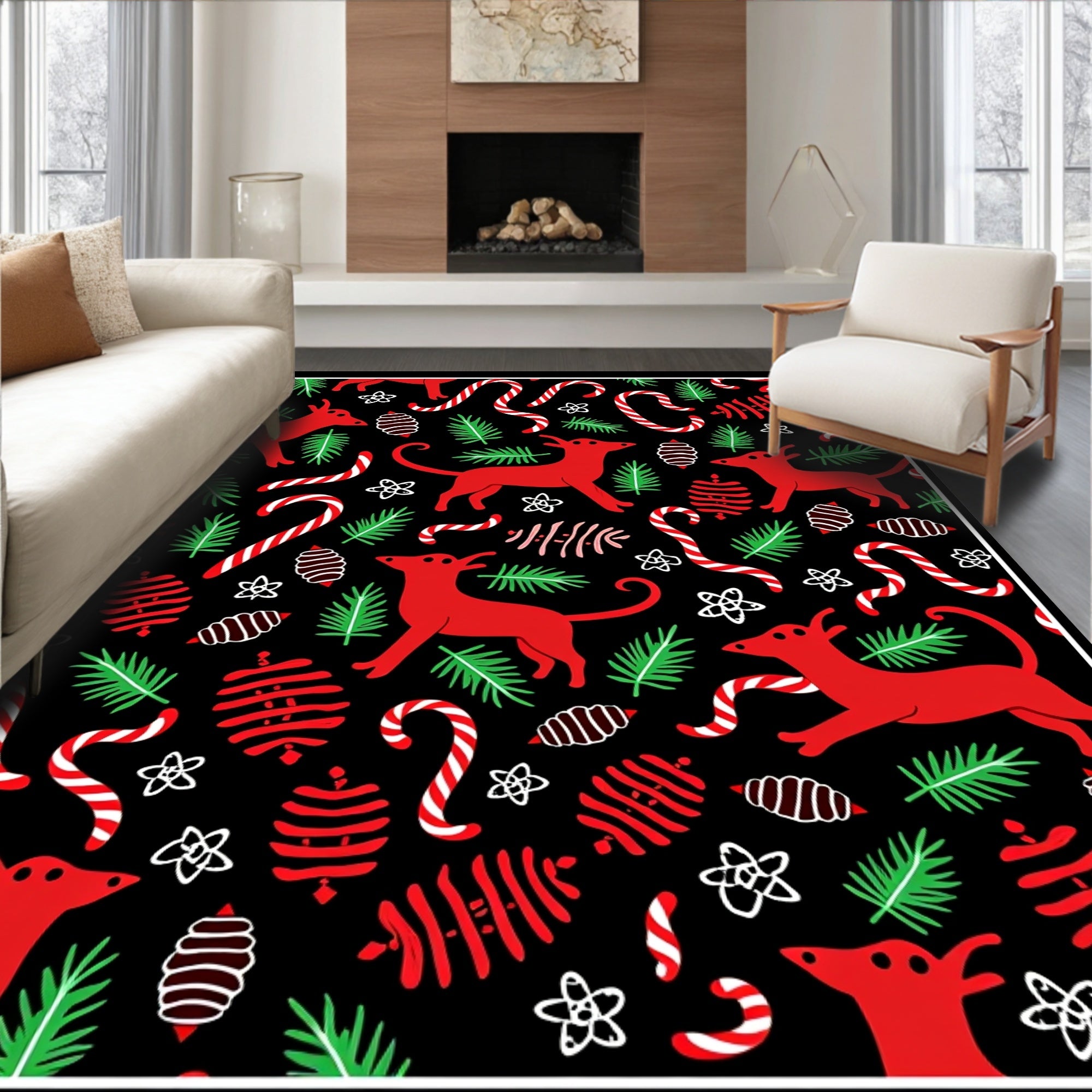 Red Dogs Festive Candy Cane Evergreen Branches Rug