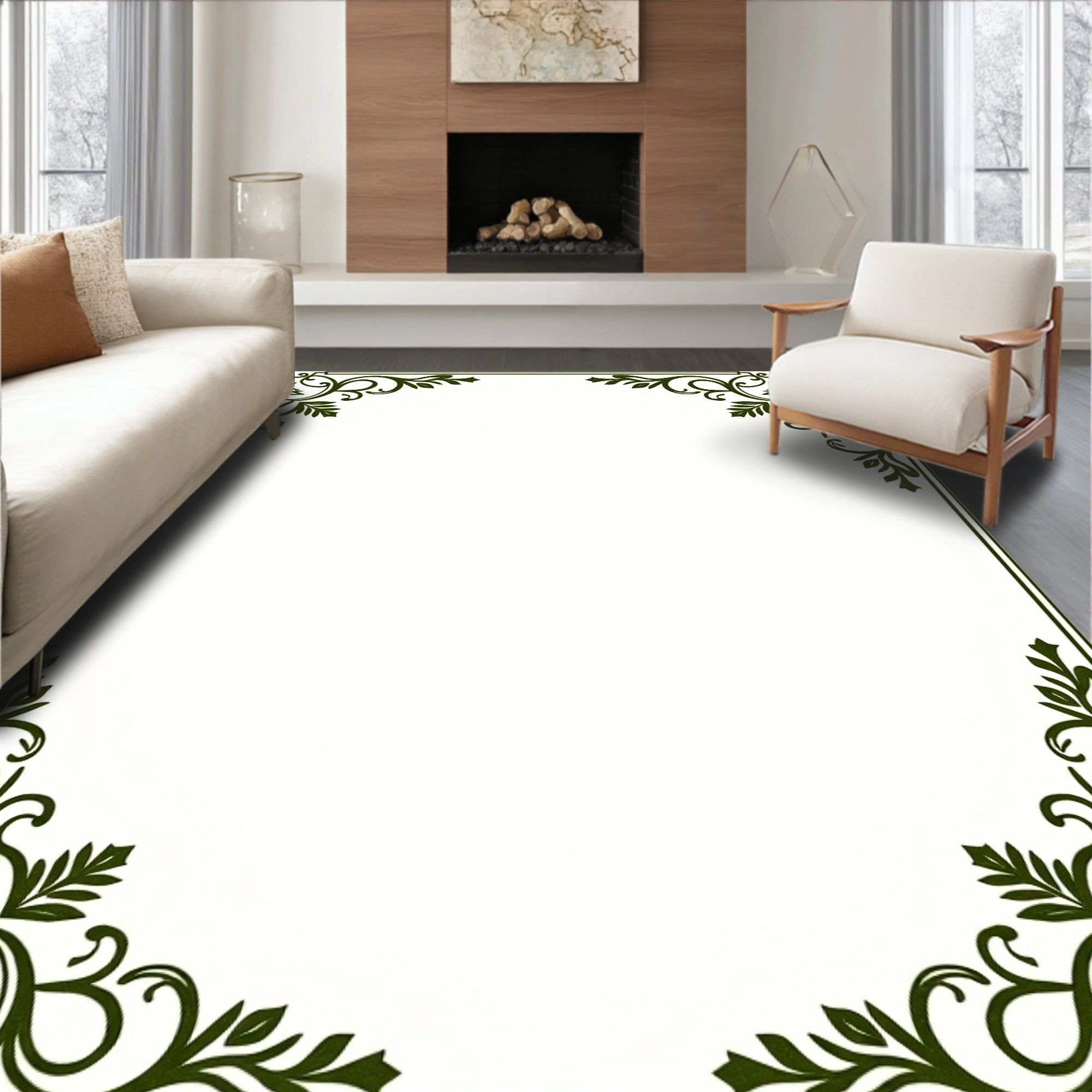 Dark Green Vine Floral Corner Accent Rug