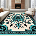Turquoise Black Cream Floral Medallion Rug