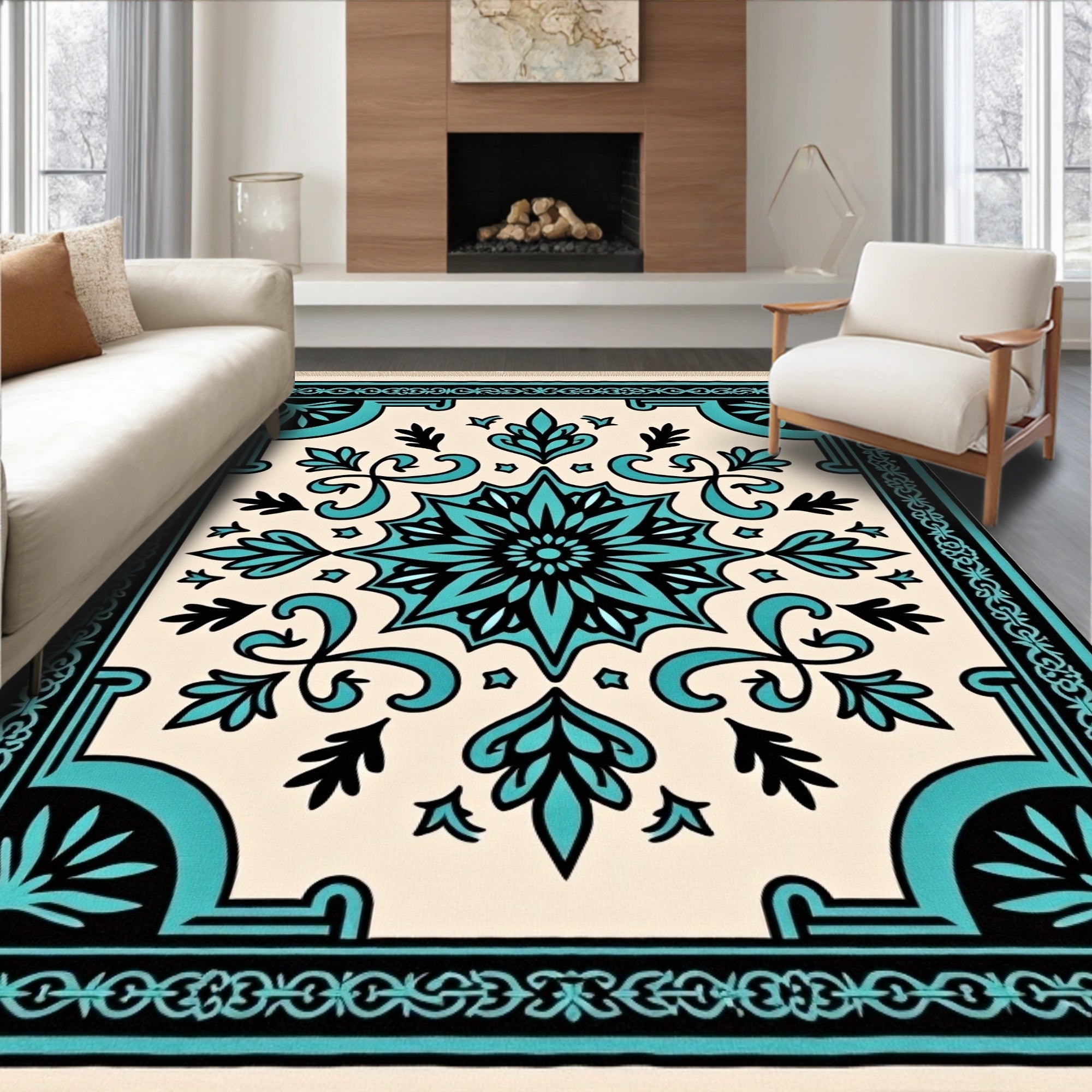 Turquoise Black Cream Floral Medallion Rug