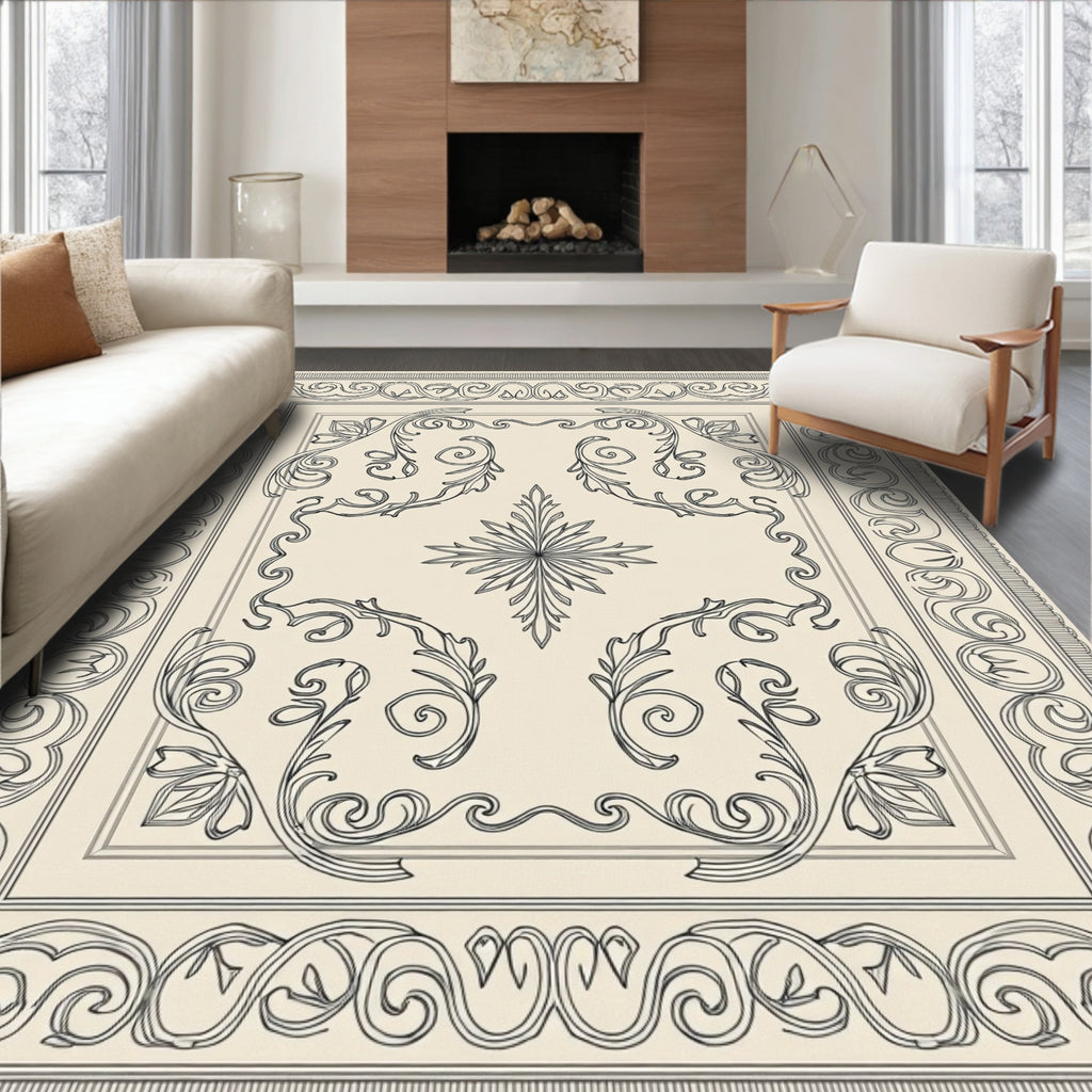 Cream Black Filigree Scrollwork Medallion Rug
