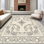 Cream Black Filigree Scrollwork Medallion Rug