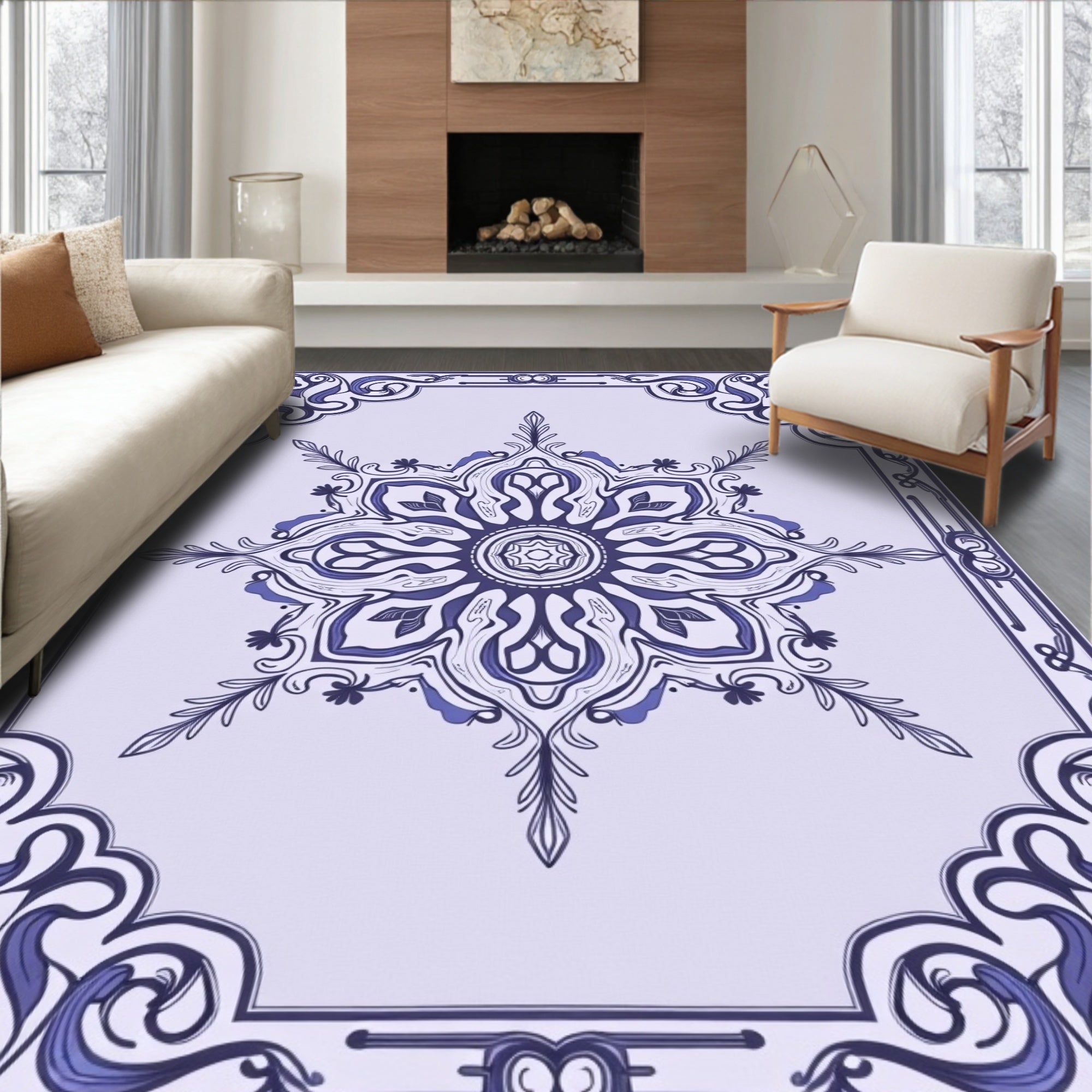 Deep Lavender Floral Mandala Border Rug