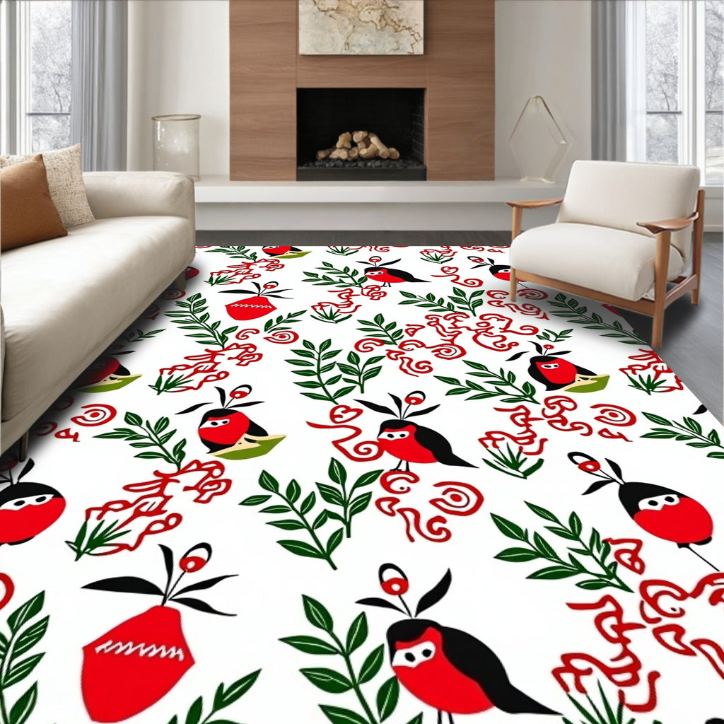Whimsical Red Bird Botanical Abstract Rug
