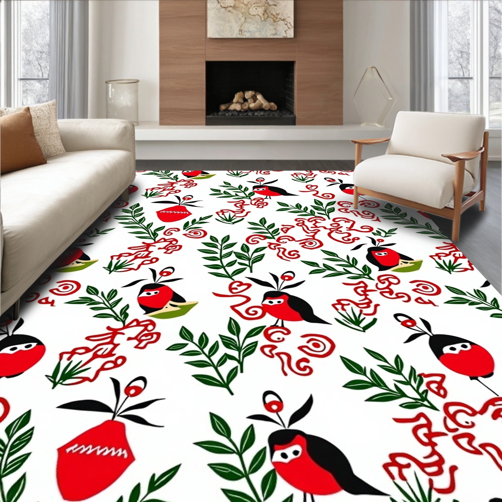 Whimsical Red Bird Botanical Abstract Rug