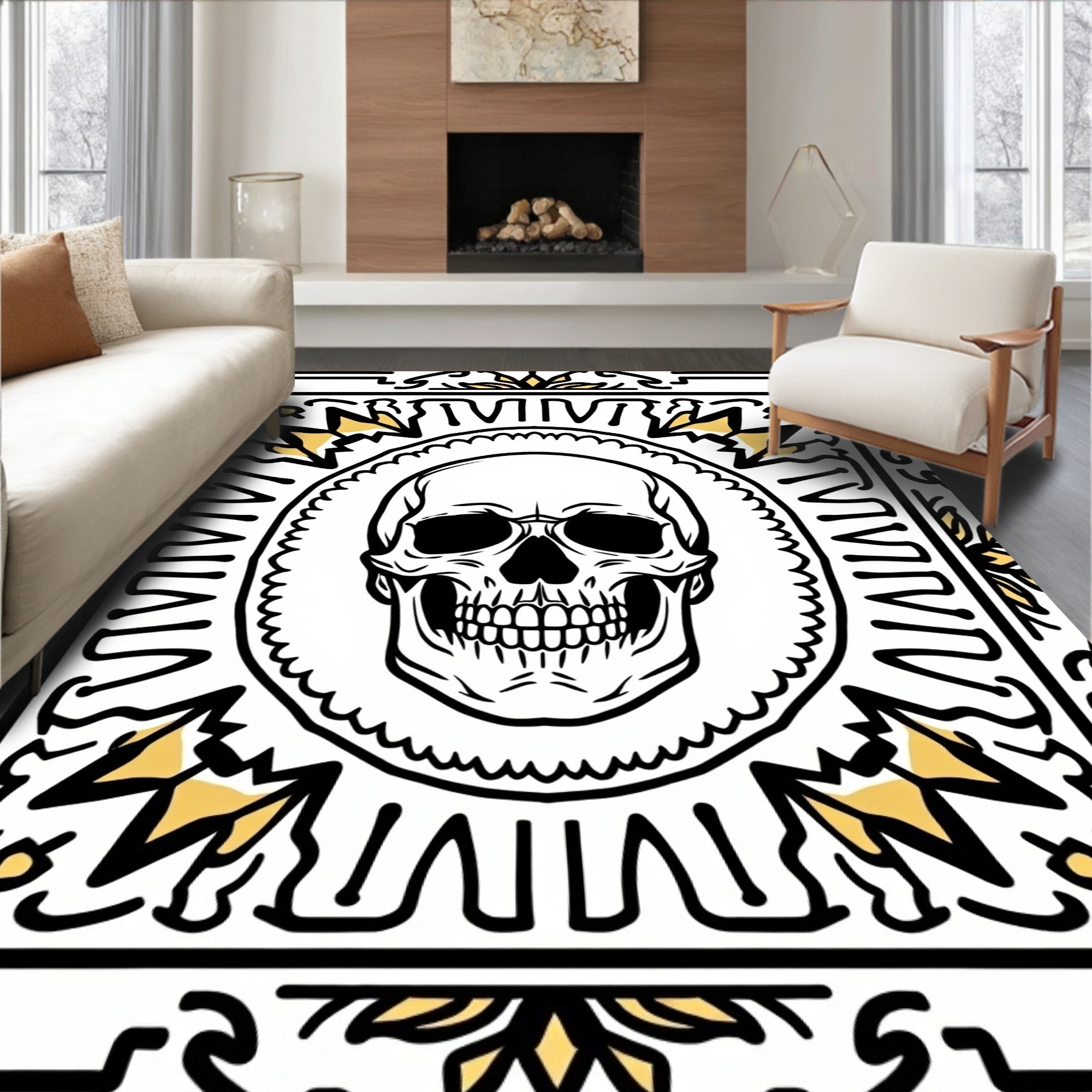 Bold Black Gold Skull Medallion Rug