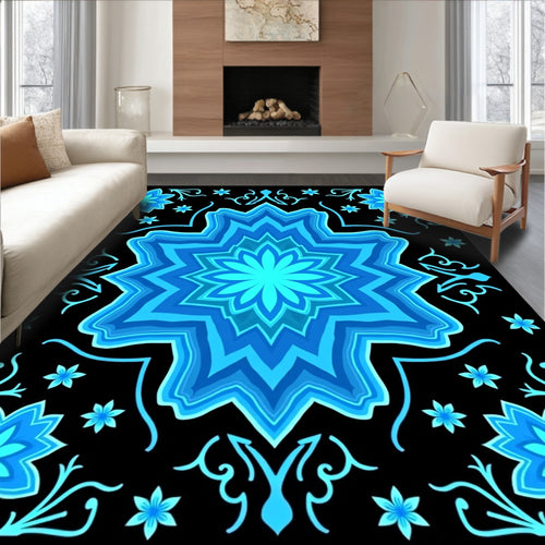 Azure Blue Starburst Floral Mandala Rug