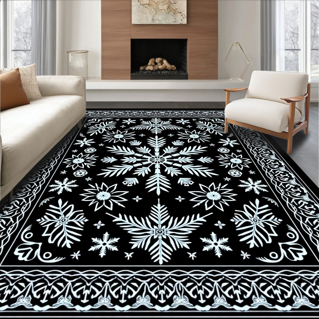 Monochrome Snowflake Medallion Border Rug