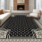 Black and Cream Fleur de Lis Scroll Rug