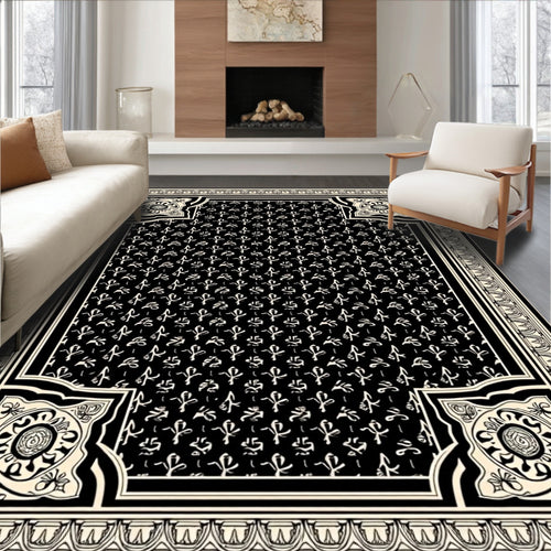 Black and Cream Fleur de Lis Scroll Rug