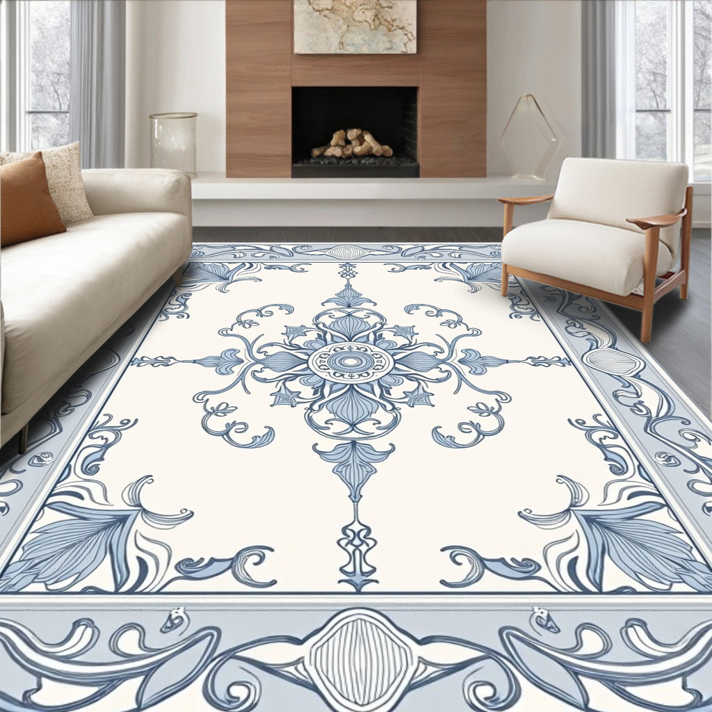 Pale Blue Art Nouveau Floral Medallion Rug