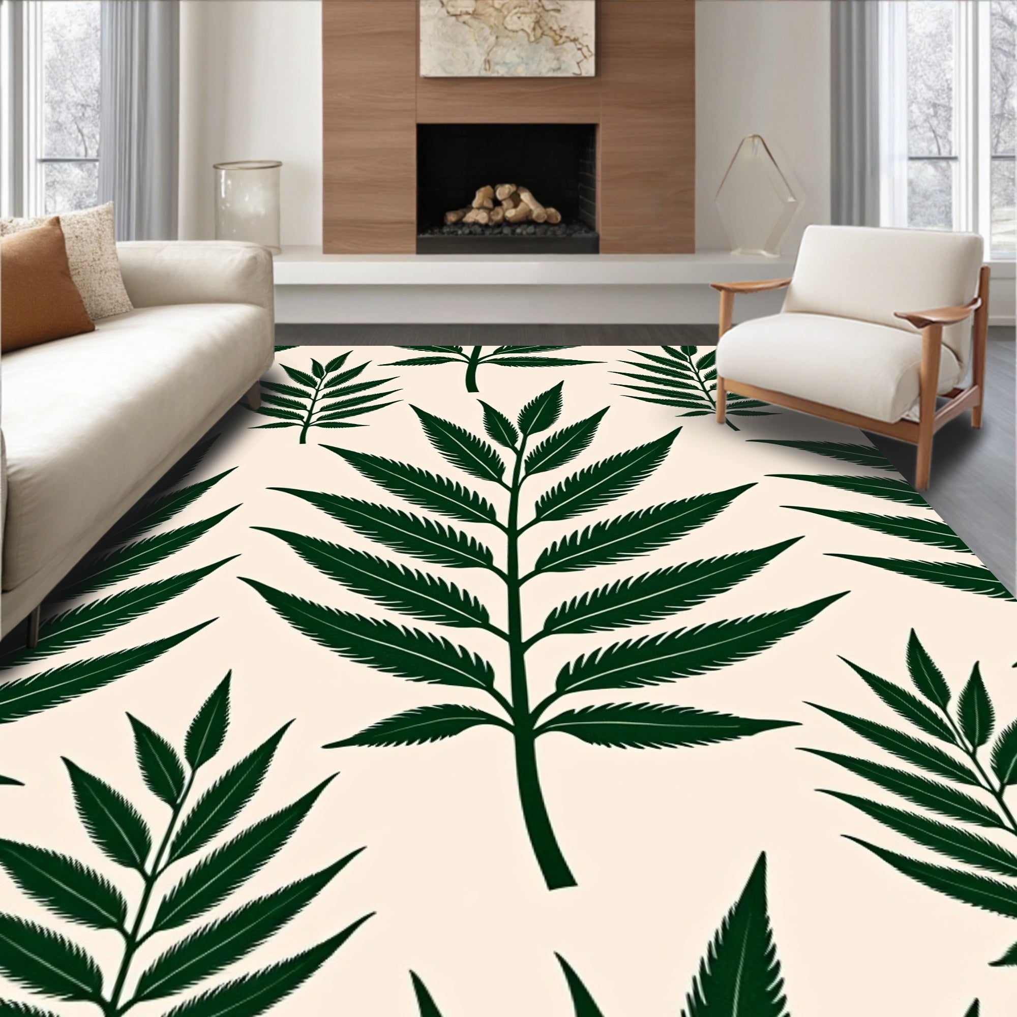 Dark Green Fern Leaf Repeat Accent Rug