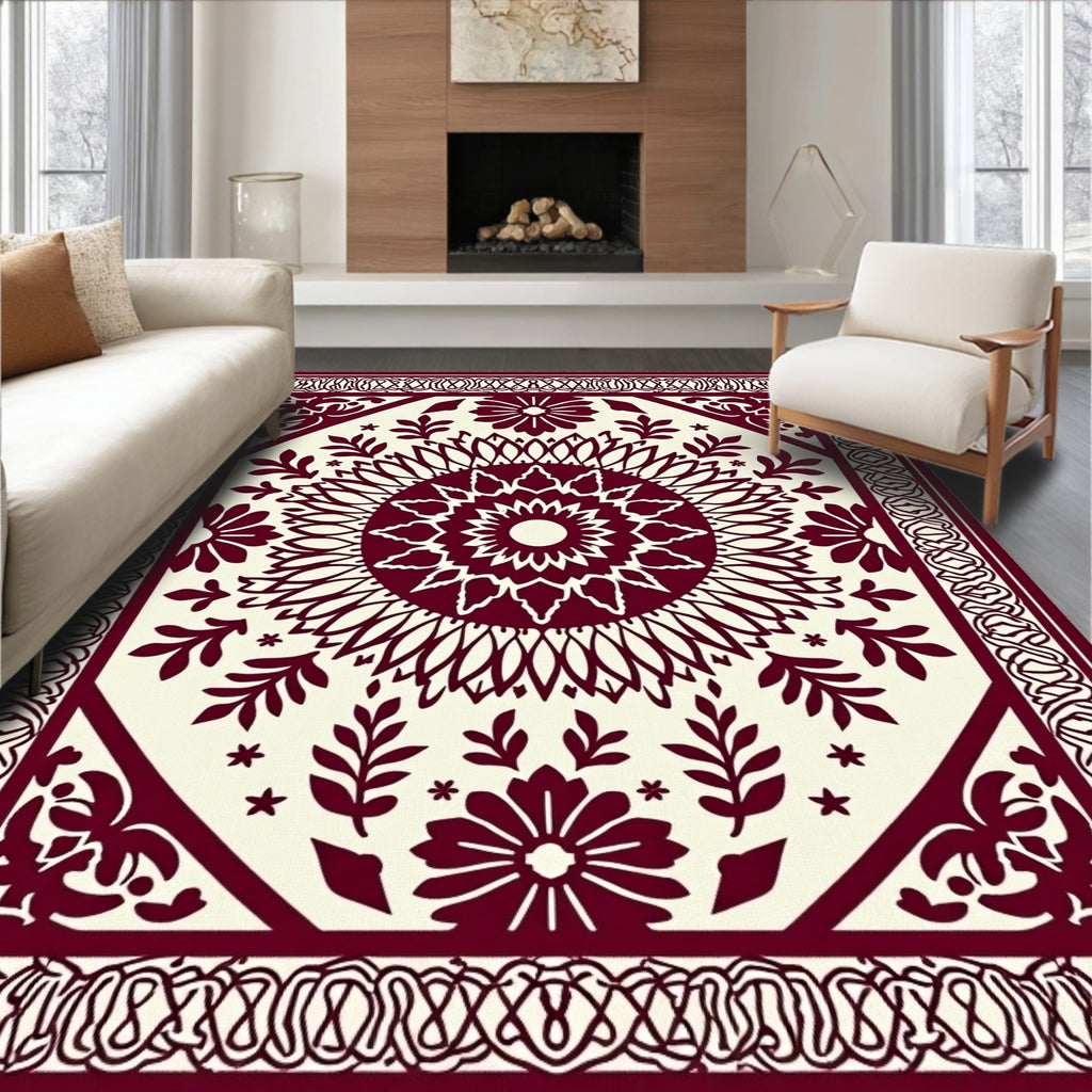 Deep Red Sunburst Geometric Botanical Rug
