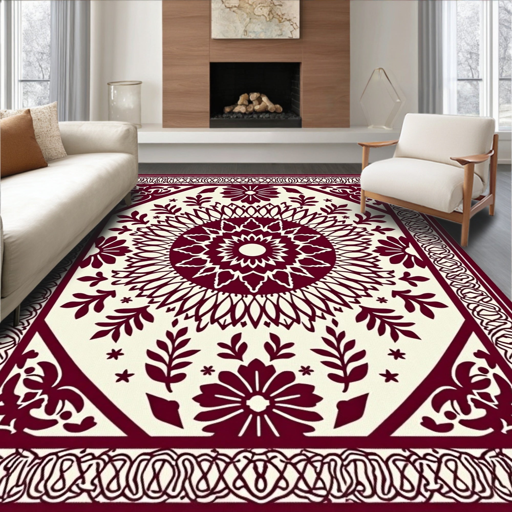 Deep Red Sunburst Geometric Botanical Rug