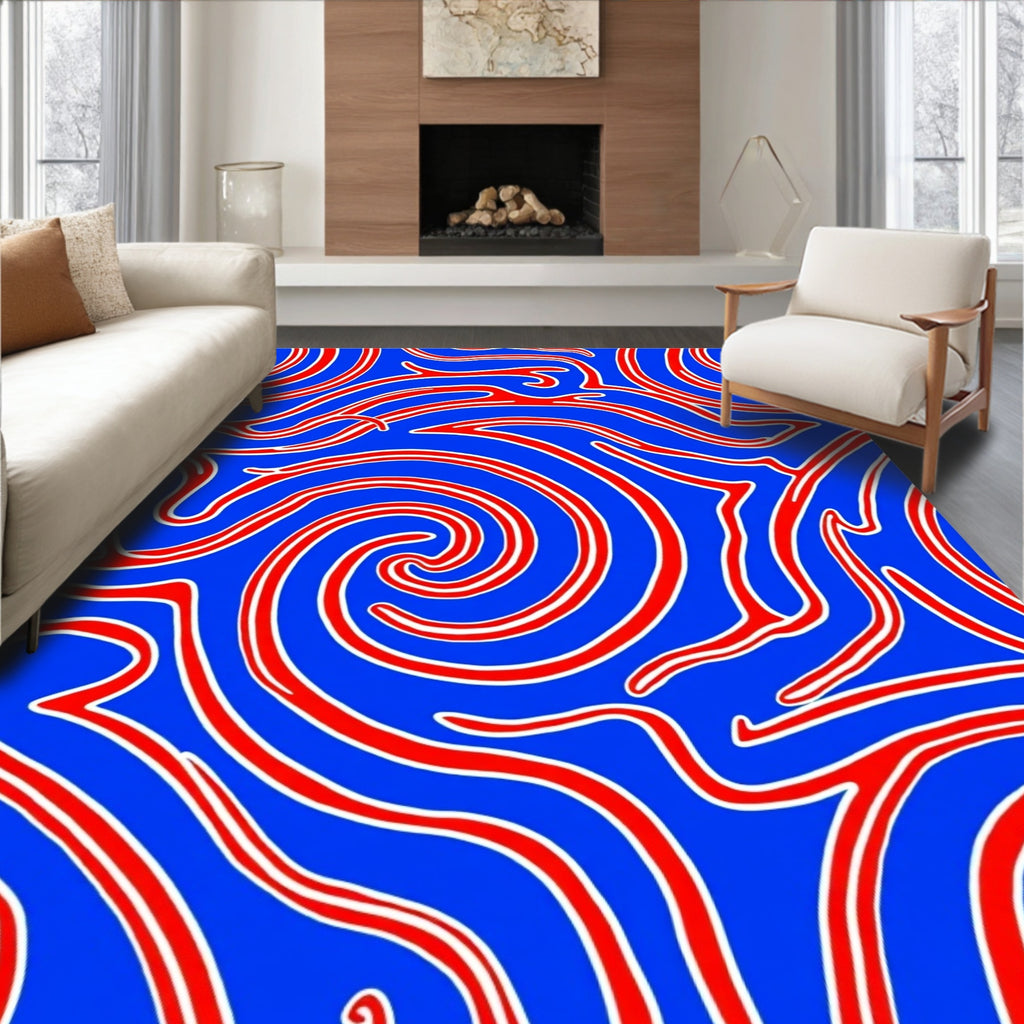 Crimson Curving Lines Blue Swirl Rug