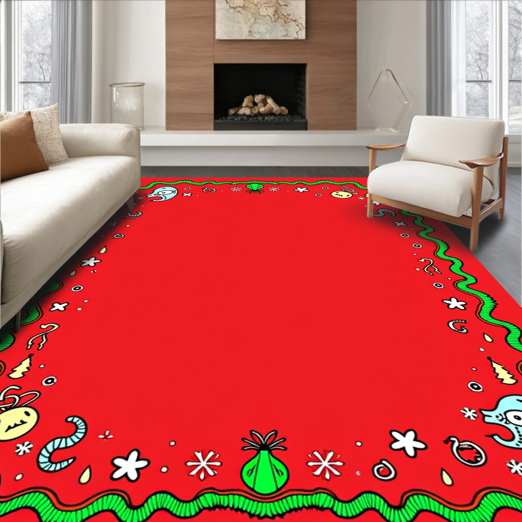 Whimsical Red Green Creature Garland Rug