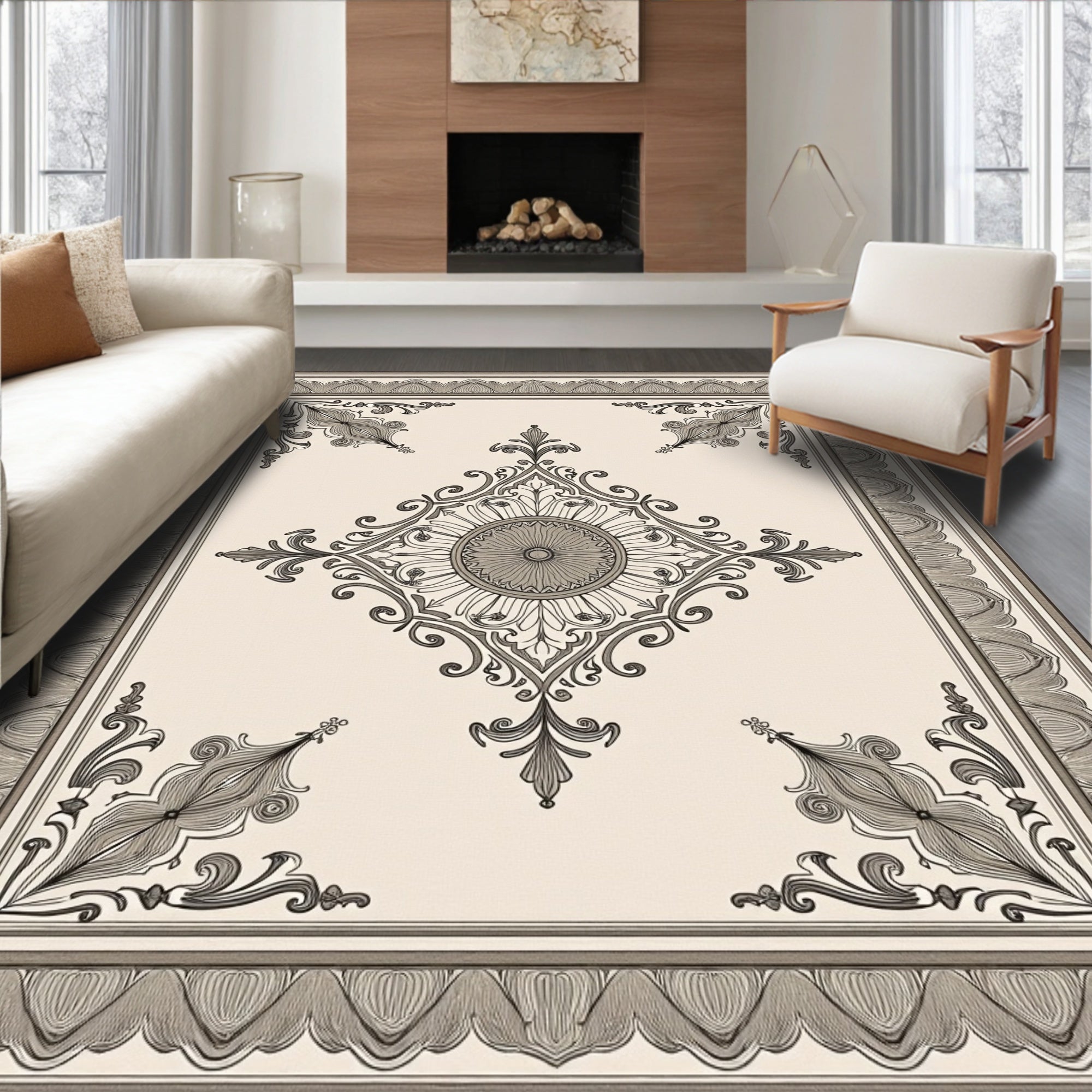 Vintage Gray Scroll Medallion Rug