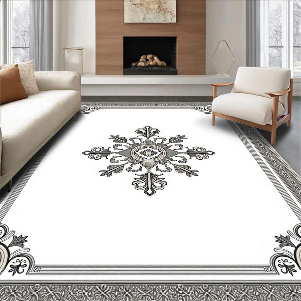 Ornate Gray Floral Scroll Medallion Rug