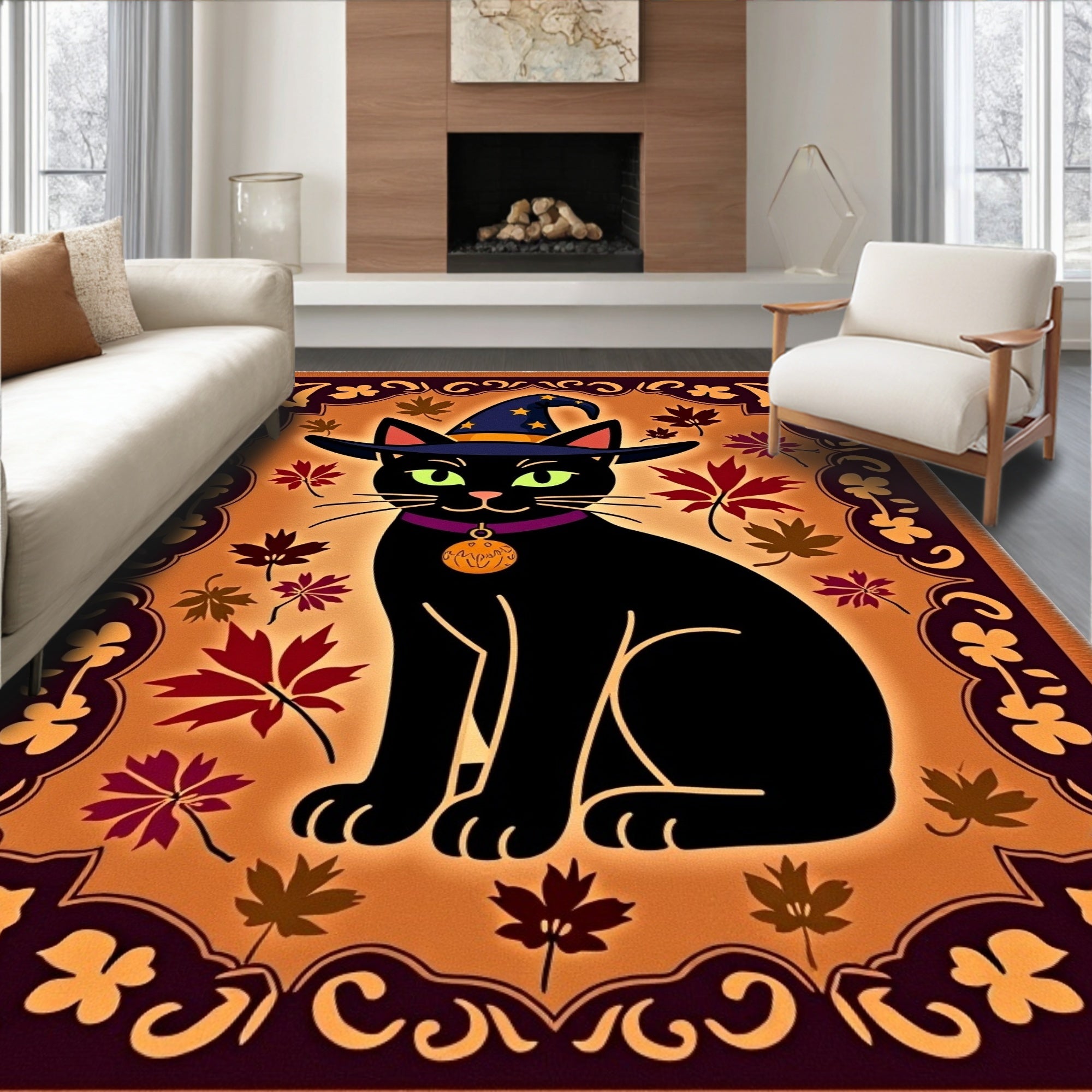 Whimsical Black Cat Wizard Autumn Rug