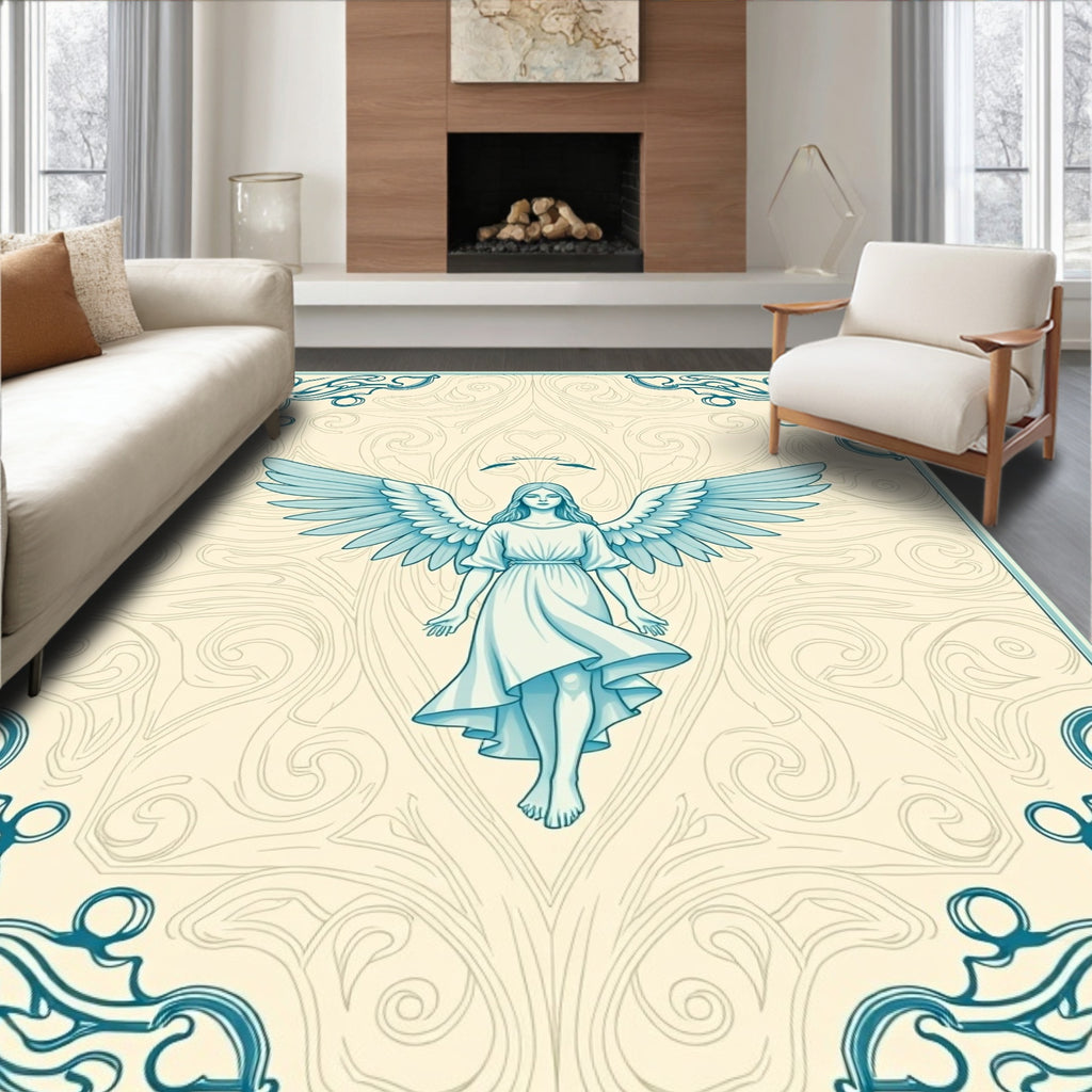 Winged Angel With Blue Scroll Border Rug