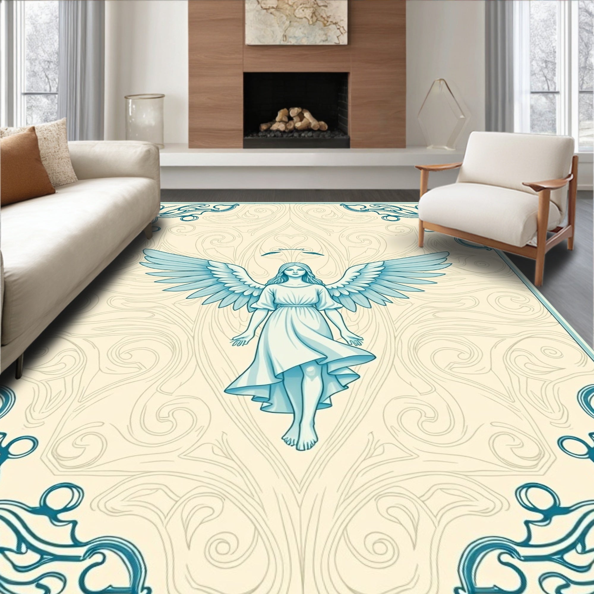 Winged Angel With Blue Scroll Border Rug