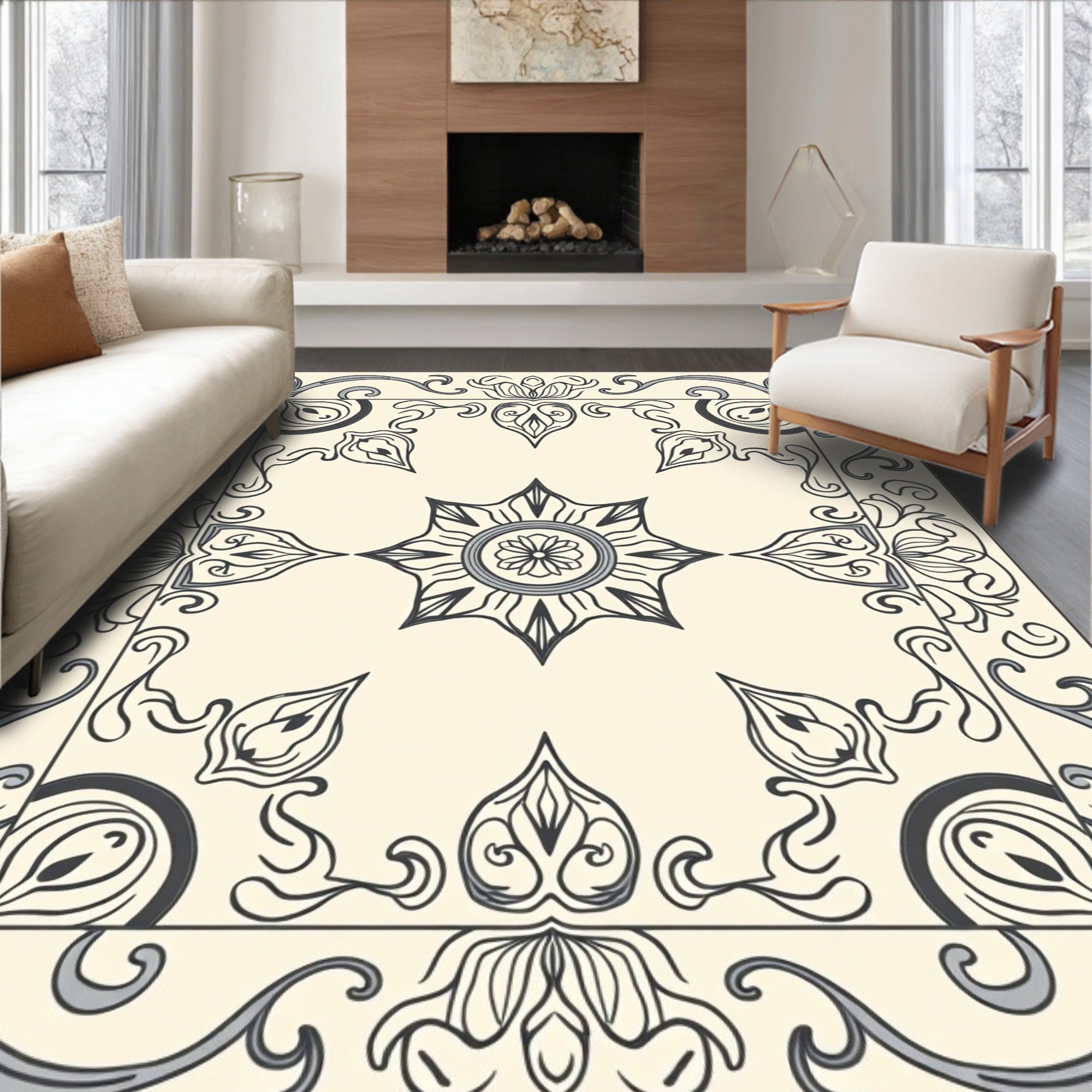 Cream and Gray Floral Medallion Rug
