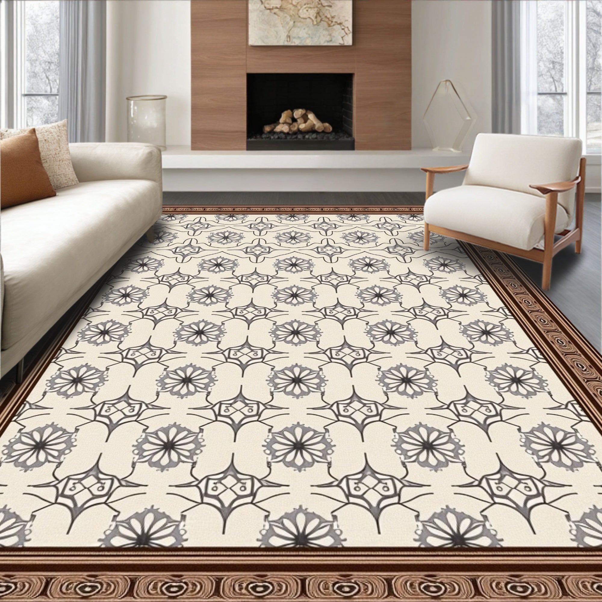 Cream Black Detailed Floral Medallion Rug