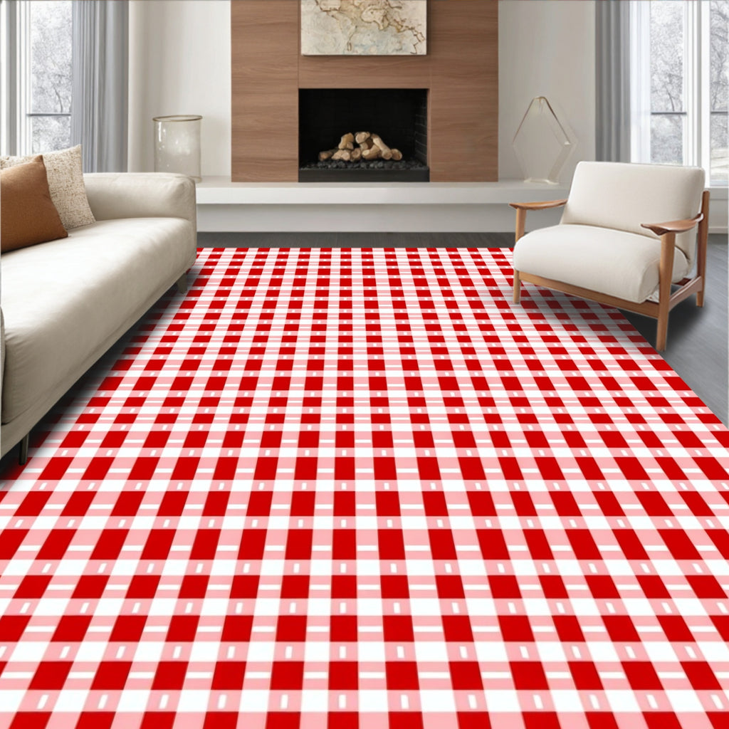 Classic Red White Gingham Checked Rug